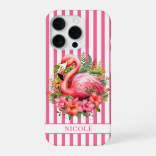 Coque iPhone 16 Pro Flamant rose avec fleurs tropicales sur rayures