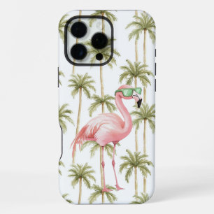 Coque iPhone 16 Pro Max Flamant rose avec lunettes de soleil Palmiers
