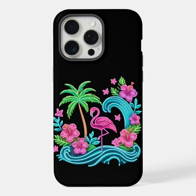 Coque iPhone Flamant rose de néon tropical (Verso)