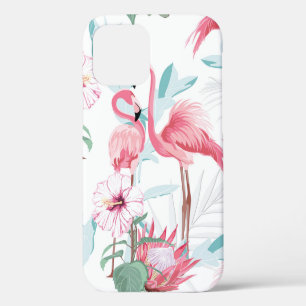 Coque iPhone 12 flamant rose et fleurs exotiques, feuilles de palm