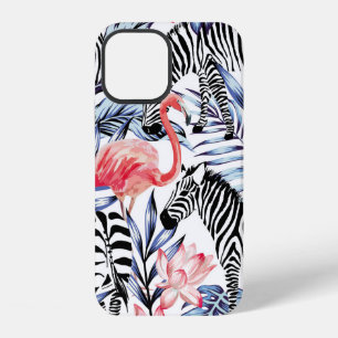 Coque iPhone 12 Flamant rose exotique, zèbre sur fond été b