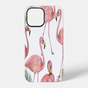 Coque iPhone 12 Flamant rose Feuilles tropicaux Motif aquarelle