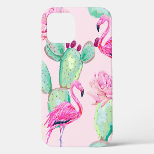 Coque iPhone 12 flamant rose, oiseaux exotiques, fleurs douces, ro