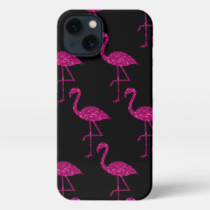 Etui iPhone 13 Flamant rose paillettes scintillent motif noir