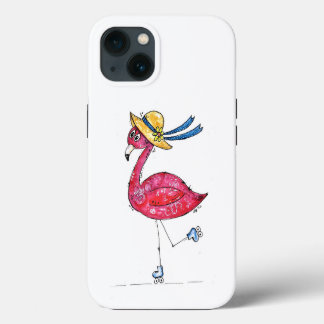 Etui iPhone 13 Flamant rose rose mignon et capricieux sur patins 