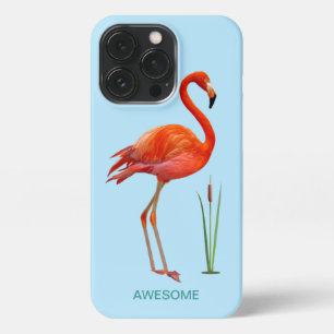 Etui iPhone 13 Pro Flamant rose sur fond bleu clair