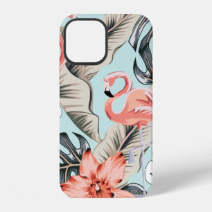 Coque iPhone 12 Flamant rose tropical avec fleurs d'orchidée et fe