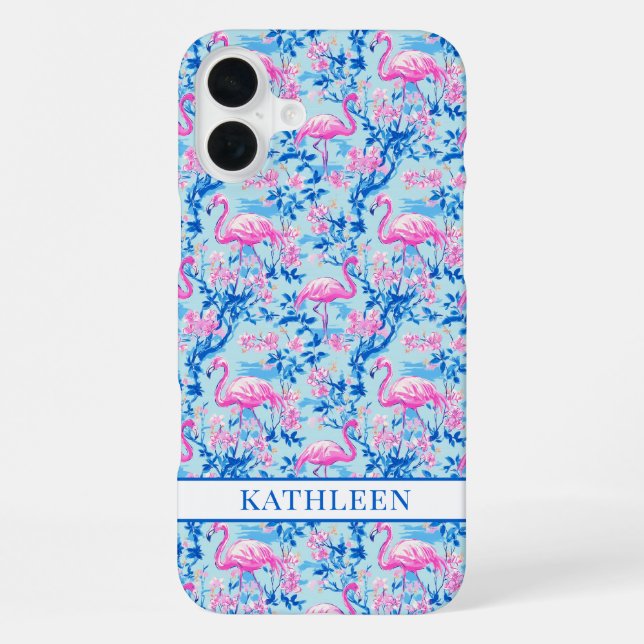 Coque iPhone Flamants avec fleurs roses monogrammées (Verso)