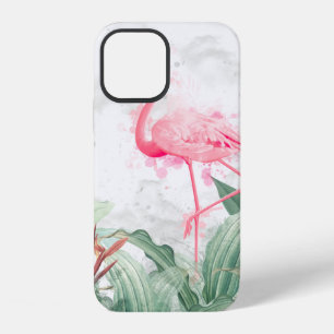 Coque iPhone 12 flamants dans des plantes tropicales sur un fond t