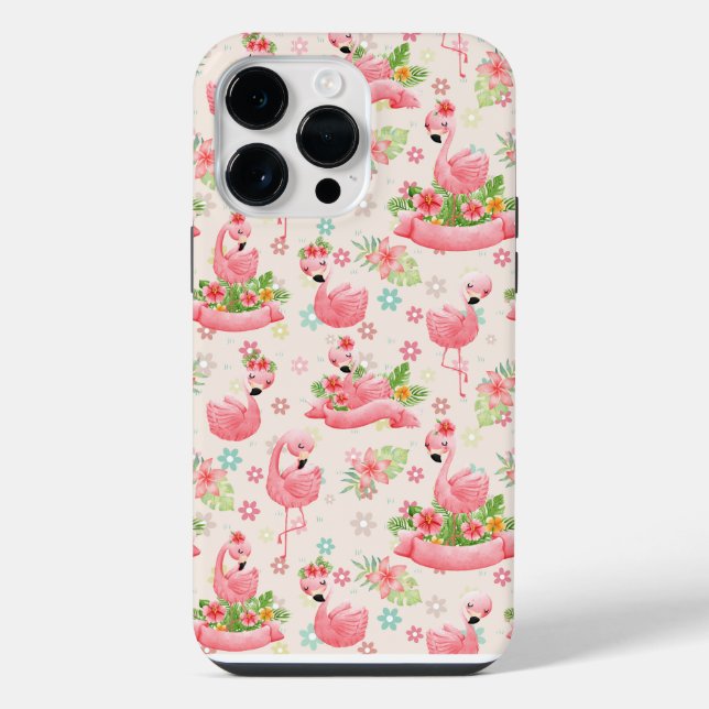 Coque iPhone Flamants mignons et fleurs tropicales (Verso)