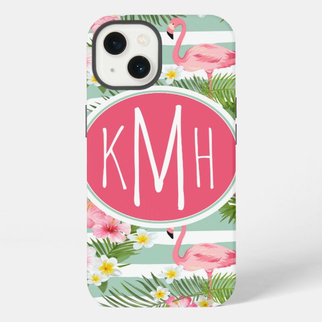 Coque iPhone Flamants roses Et Rayures | Monogramme (Verso)