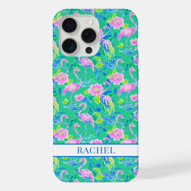 Coque iPhone Flamants roses monogrammés (Verso)