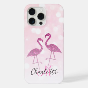 Coque iPhone 15 Pro Max Flamants roses pailletés Monogramme paillettes sci