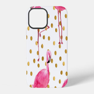 Coque iPhone 12 Flamants roses, points dorés, aquarelle.