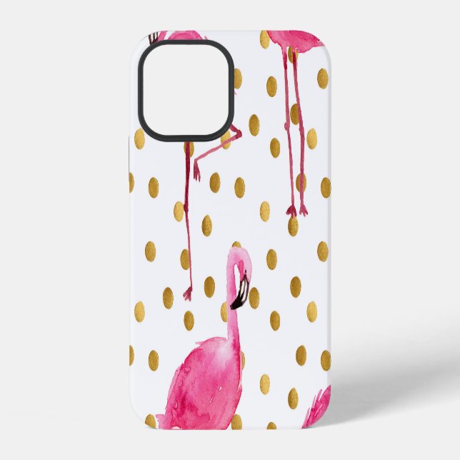 Coque iPhone Flamants roses, points dorés, aquarelle. (Verso)