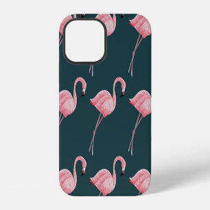 Coque iPhone 12 Flamants roses sur fond bleu, motif sans couture v