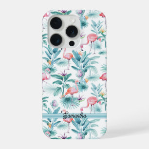 Coque iPhone 15 Pro Flamants roses tropicaux feuille motif