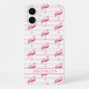 Coque iPhone 16 Plus Flamants sur rayures à l'aquarelle monogrammées