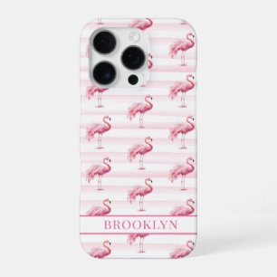 Coque iPhone 16 Pro Flamants sur rayures à l'aquarelle monogrammées