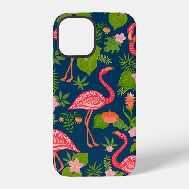 Coque iPhone Flamingo rose sur un dos rayé turquoise (Verso)