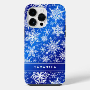 Coque Pour Pour iPhone 14 Pro Max Flammes de neige bleu blanc de Noël monogramme