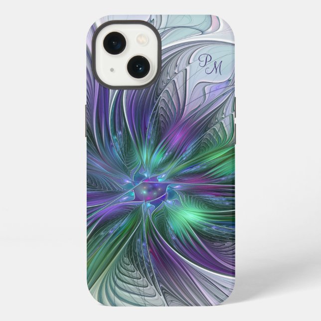 Coque iPhone Fleur abstraite fractale violette verte Initiales (Verso)