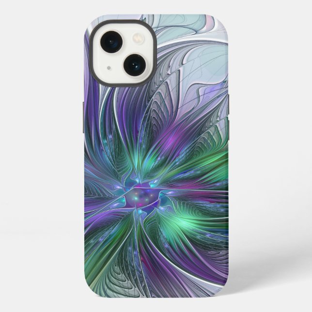 Coque iPhone Fleur Abstraite Moderne Art Fractal Vert Violet (Verso)