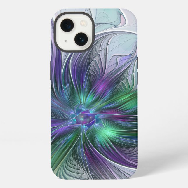 Coque iPhone Fleur Abstraite Moderne Art Fractal Vert Violet (Verso)