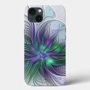 Etui iPhone 13 Fleur Abstraite Moderne Art Fractal Vert Violet