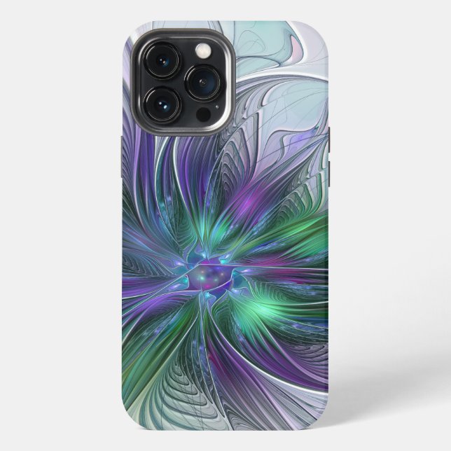 Coque iPhone Fleur Abstraite Moderne Art Fractal Vert Violet (Verso)