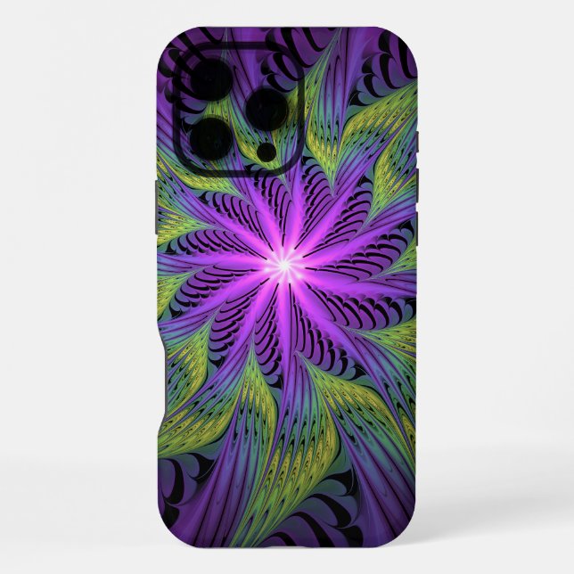 Coque iPhone Fleur Abstraite Moderne Fractale Art Violet Vert (Verso)