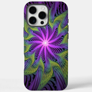 Coque iPhone 16 Pro Max Fleur Abstraite Moderne Fractale Art Violet Vert