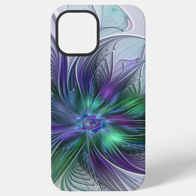 Coque iPhone Fleur Abstraite Moderne Fractale Verte Violette (Verso)