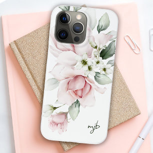 Coque Pour Pour iPhone 14 Pro Max Fleur aquarelle féminine avec initiales monogramme