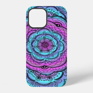 Coque iPhone 12 Fleur Bleue Et Violette Doodle