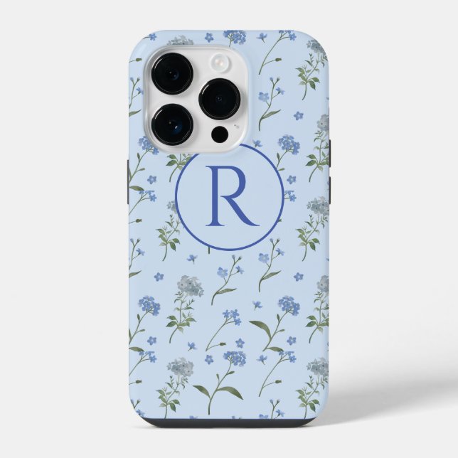 Coque iPhone Fleur Bleue Forget-me-not Aquarelle Monogrammée  (Verso)