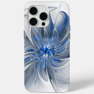 Coque iPhone 15 Pro Max Fleur d'art fractal à l'aquarelle bleue grise abst