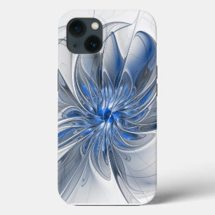 Etui iPhone 13 Fleur d'art fractal à l'aquarelle bleue grise abst