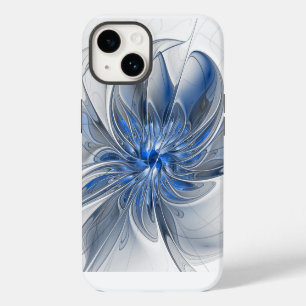 Coque Pour iPhone 14 Fleur d'art fractal à l'aquarelle bleue grise abst