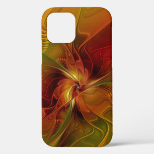 Coque iPhone 12 Fleur d'art fractal abstraite rouge orange marron
