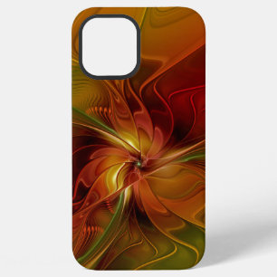 Coque iPhone 12 Pro Max Fleur d'art fractal abstraite rouge orange marron