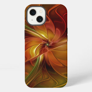 Etui iPhone 13 Fleur d'art fractal abstraite rouge orange marron