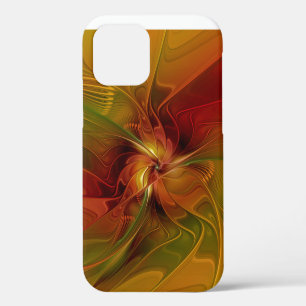 Coque iPhone 12 Pro Fleur d'art fractal abstraite rouge orange marron