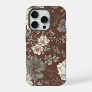 Coque iPhone 15 Pro Fleur d'Automne – Motif floral vintage en brun cac