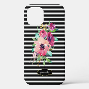 Coque iPhone 12 Pro Fleur de aquarelle vibrante sur rayures avec monog