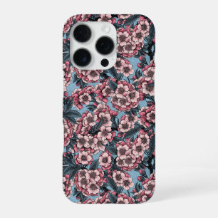 Coque iPhone 16 Pro Fleur de cerisier en rose et bleu