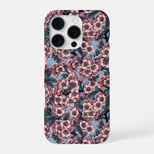 Coque iPhone Fleur de cerisier en rose et bleu (Verso)