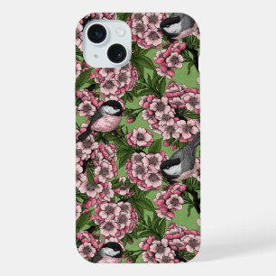 Coque iPhone 15 Plus Fleur de cerisier et mésanges sur fond vert