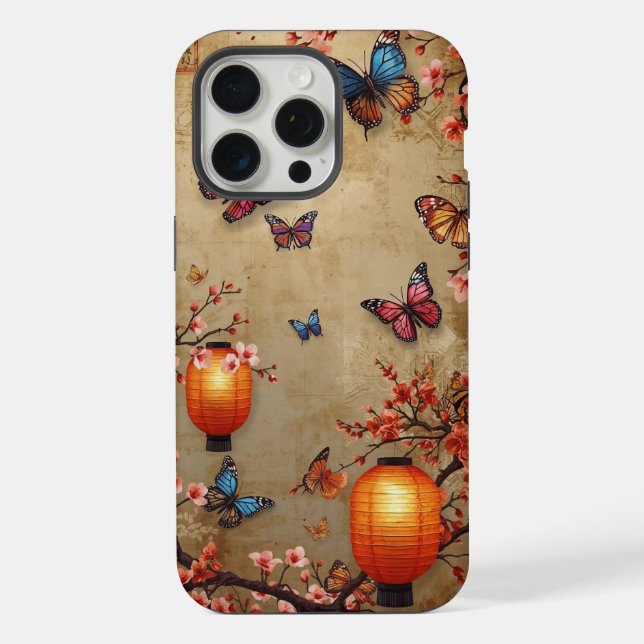Coque iPhone Fleur de cerisier Lanterne papillon (Verso)