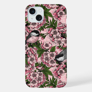Coque iPhone 15 Plus Fleur de cerisiers et poulets roses